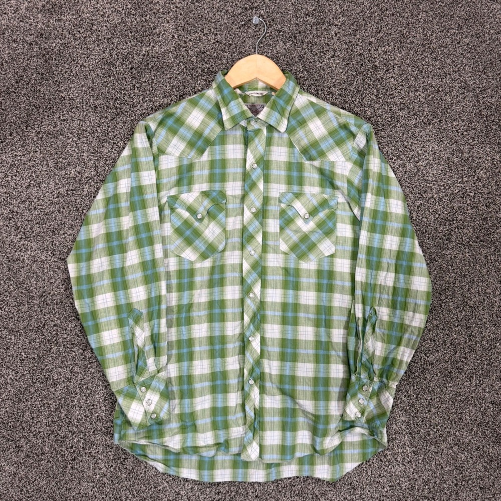 Vintage 60s JCPenney Ranchcraft Shirt Mens M 15.5 Green Plaid Pearl Snap Western